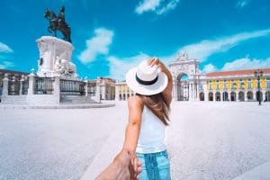 Couple exploring Lisbon city together