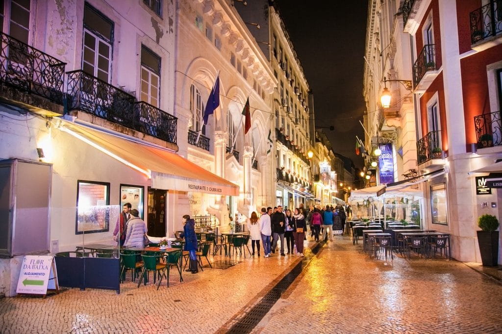 Street cafe and restaurants in the center of Lisbon, Portugal