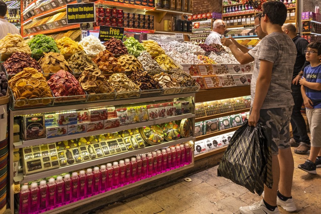 ISTANBUL, TURKEY - JULY 26, 2019: Inside view of Spice market know as Egyptian Bazaar in city of Istanbul, Turkey