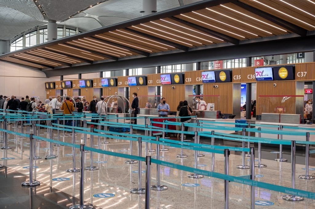 ISTANBUL, TURKEY - October 26, 2021: New istanbul airport Istanbul Havalimani. New Terminal. Third Istanbul Airport. check-in counters