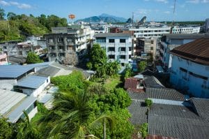 Krabi, Thailand - February 12, 2020: Roofs, walls and backstreets of downtown Krabi town