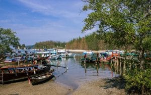 Krabi, Thailand- March 29 2019: Nang An Pier traditional long tail boats and white yacht station view at coastline