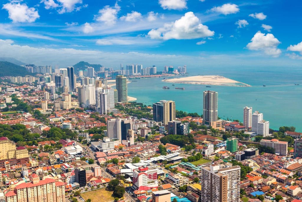 Panoramic aerial view of Georgetown, Penang island, Malaysia