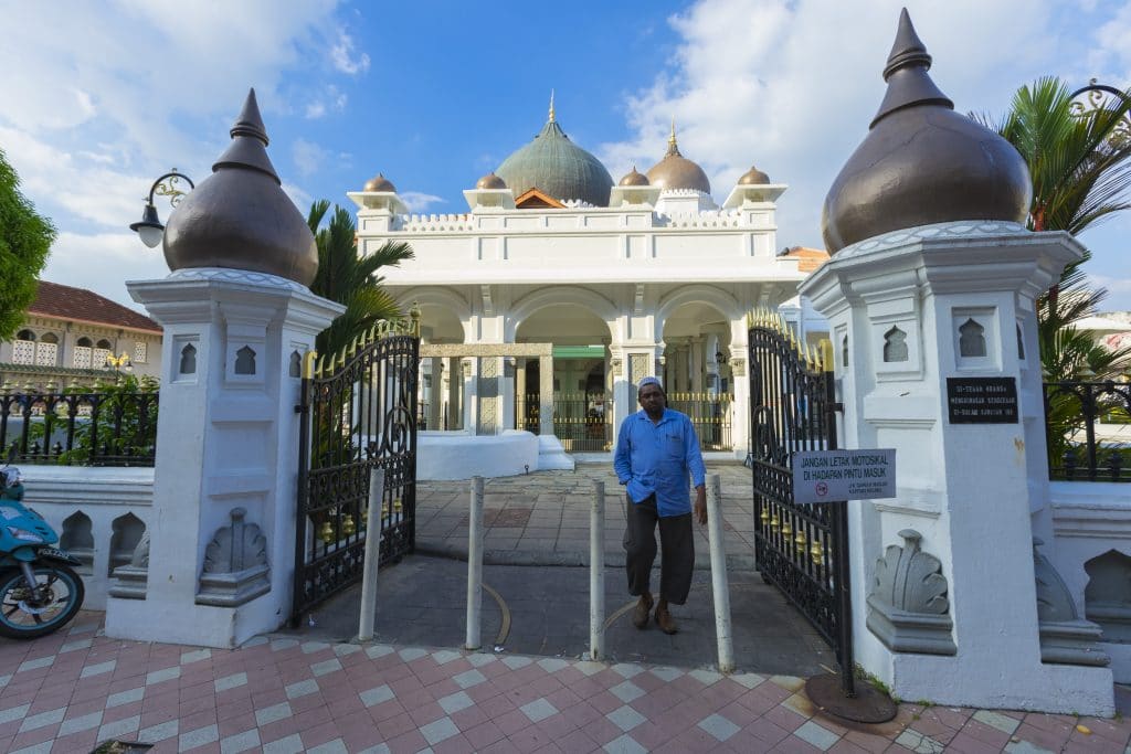 Penang, Malaysia - February 14,2019 : Kapitan Keling Mosque in Penang, Malaysia on February 14,2019. Built in the 19th century by Indian Muslim traders and part of the World Heritage Site of the city.