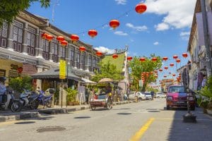 Penang, Malaysia - February 14,2019 : Street view of Lebuh Cannon in front of Leong San Tong Khoo Kongsi clan house in Penang, Malaysia on February 14,2019.