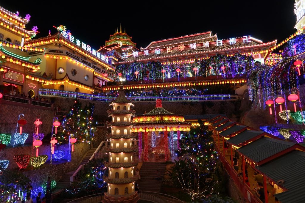 Penang, Malaysia, January 26, 2020: One of the courtyards of Kek Lok Si Temple with special lighting for Chinese New Year. Penang, Malaysia