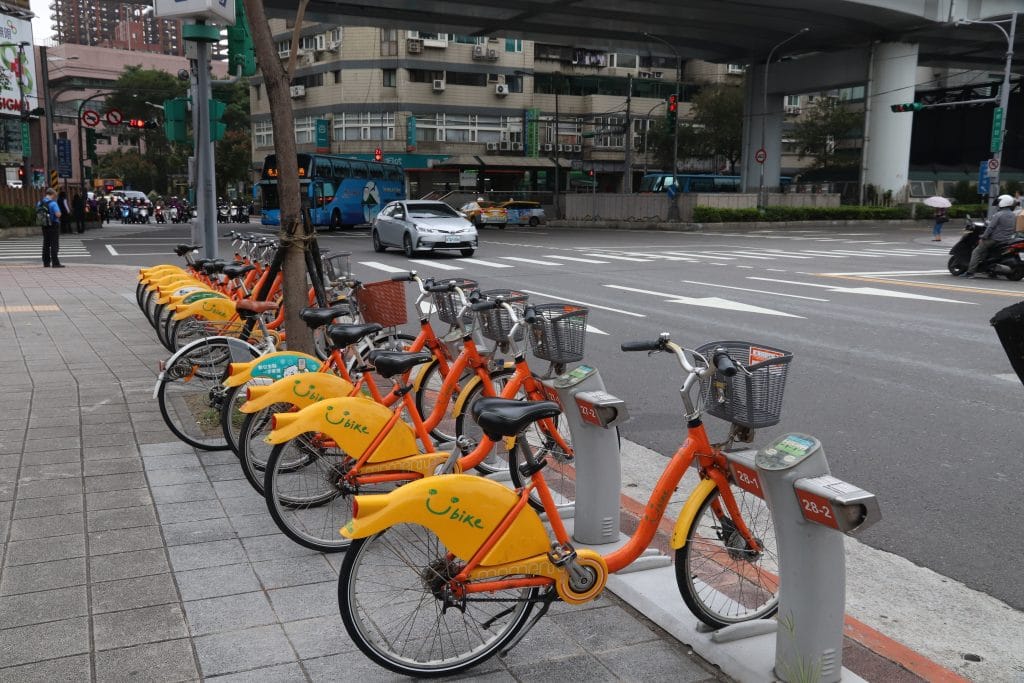 TAIPEI, TAIWAN - DECEMBER 5, 2018: City bicycle sharing station in Taipei, Taiwan. The bike sharing network has about 6,000 bicycles in 200 rental stations.