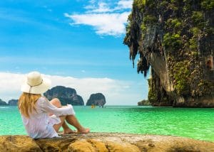 Traveler Woman Relaxing And Looking Natural Sea Beach Krabi, Tha
