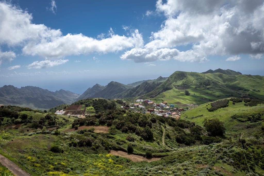 A scenic panorama of misty Anaga Mountains in the northern Tenerife, Canary Islands, Spain.