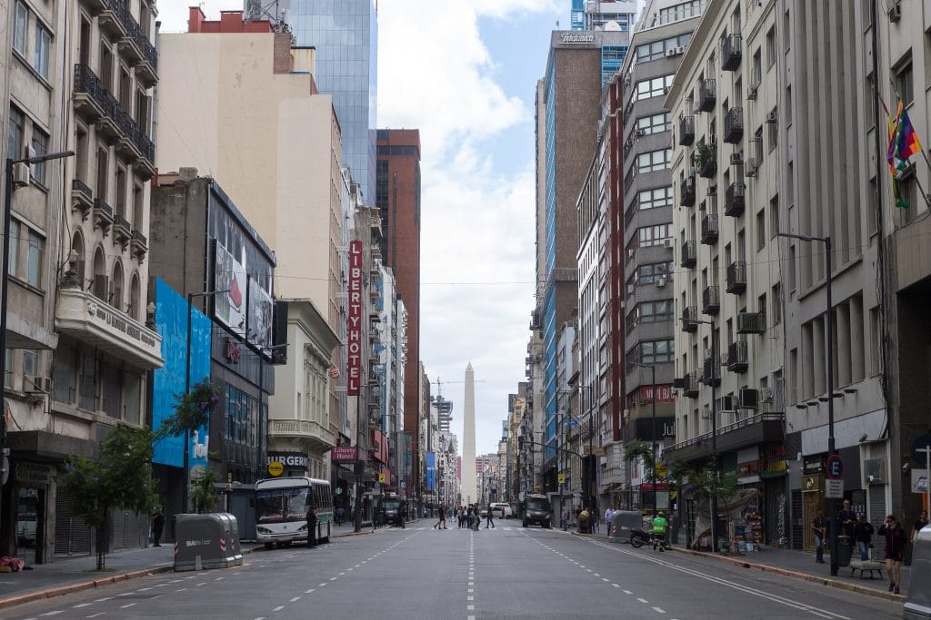 BUENOS AIRES, ARGENTINA - DECEMBER 01, 2018: Buenos Aires obelisk view during G20 2018 manifestation. Argentina landmark