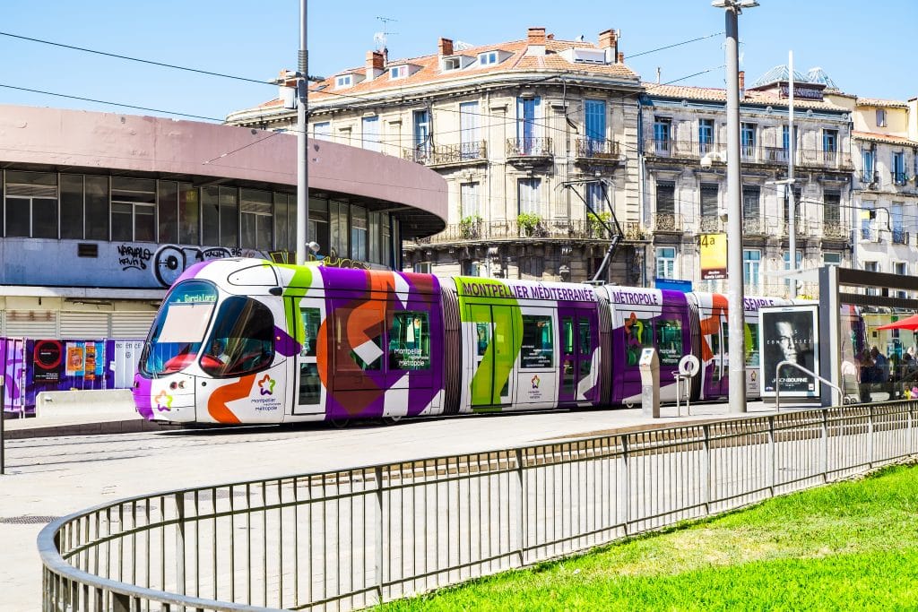 France Montpellier 4 August 2016 tram in Montpellier, France. The Montpellier tramway system has 4 lines