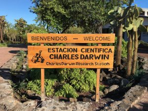 GALAPAGOS, ECUADOR, FEBRUARY 20, 2017: Welcome sign at the Charles Darwin Research Station. The station was founded in 1959, under the auspices of UNESCO and the World Conservation Union.