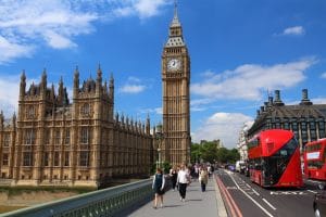 LONDON, UK - JULY 7, 2016: People walk near Big Ben in London, UK. London is the most populous city in the UK with 13 million people living in its metro area.