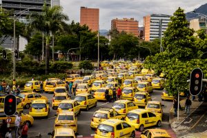 MEDELLÍN, COLOMBIA - MAY 03, 2021: Many taxis in Medellin are on a transport strike