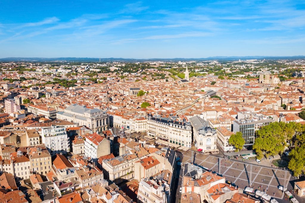 Montpellier aerial panoramic view. Montpellier is the capital city of the Herault department in southern France.