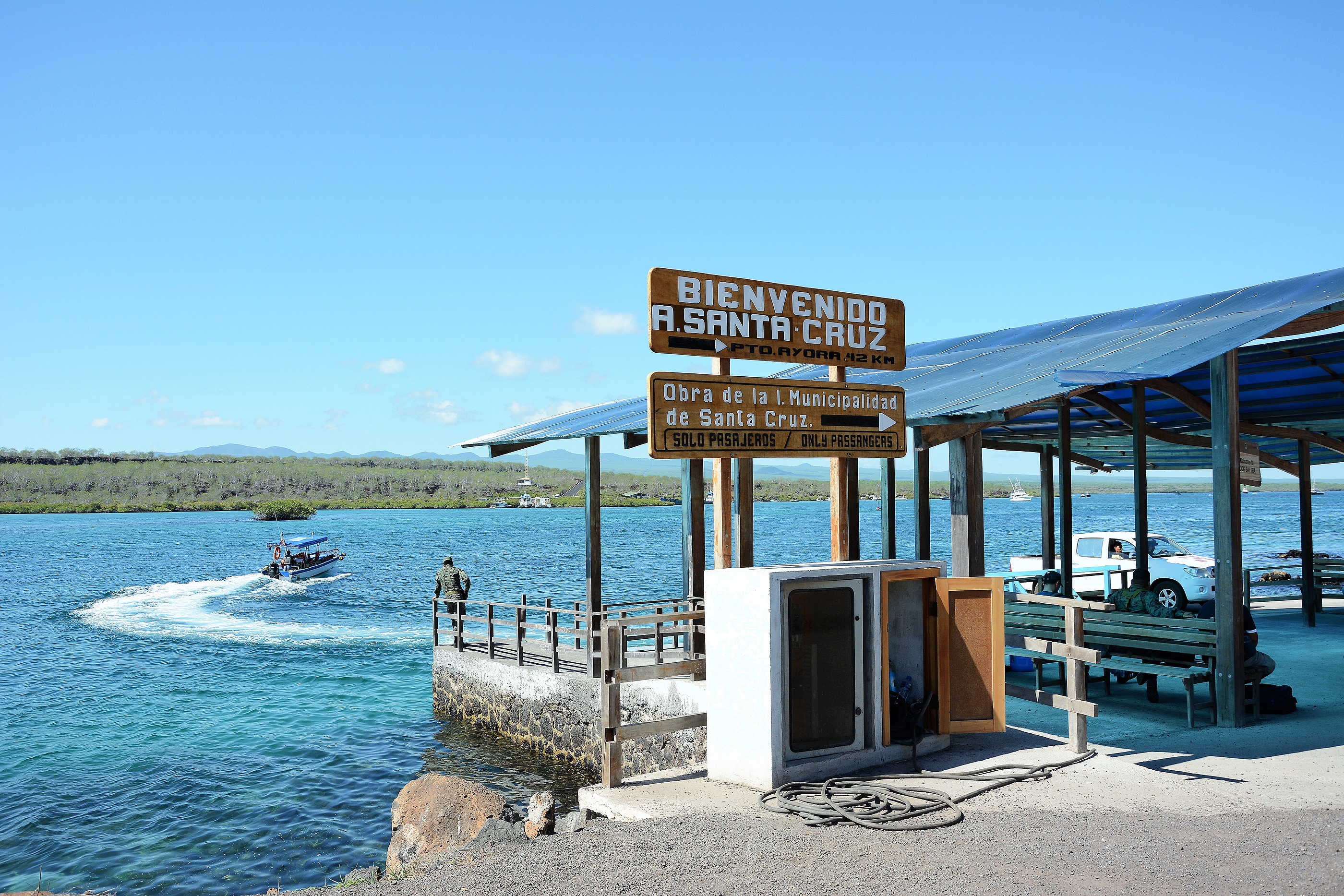 SANTA CRUZ ISLAND, GALAPAGOS - FEBRUARY 20, 2017: Ferry Dock. The Baltra Ferry Dock transports tourists across the Itabaca Channel to the island.