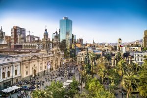 Santiago, Chile- Dec 29, 2018: View at Plaza de Armas and Metropolitan Cathedral of Santiago in Chile. Metropolitan Cathedral of Santiago is the seat of the Archbishop of Santiago de Chile.