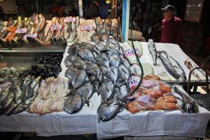Santiago, Chile - 24 Dec 2019: Fish in Mercado Central, Central market in Santiago, Chile