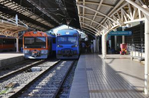Santiago, Chile - February 20, 2013: Passenger trains stand by the platforms of central railway station.