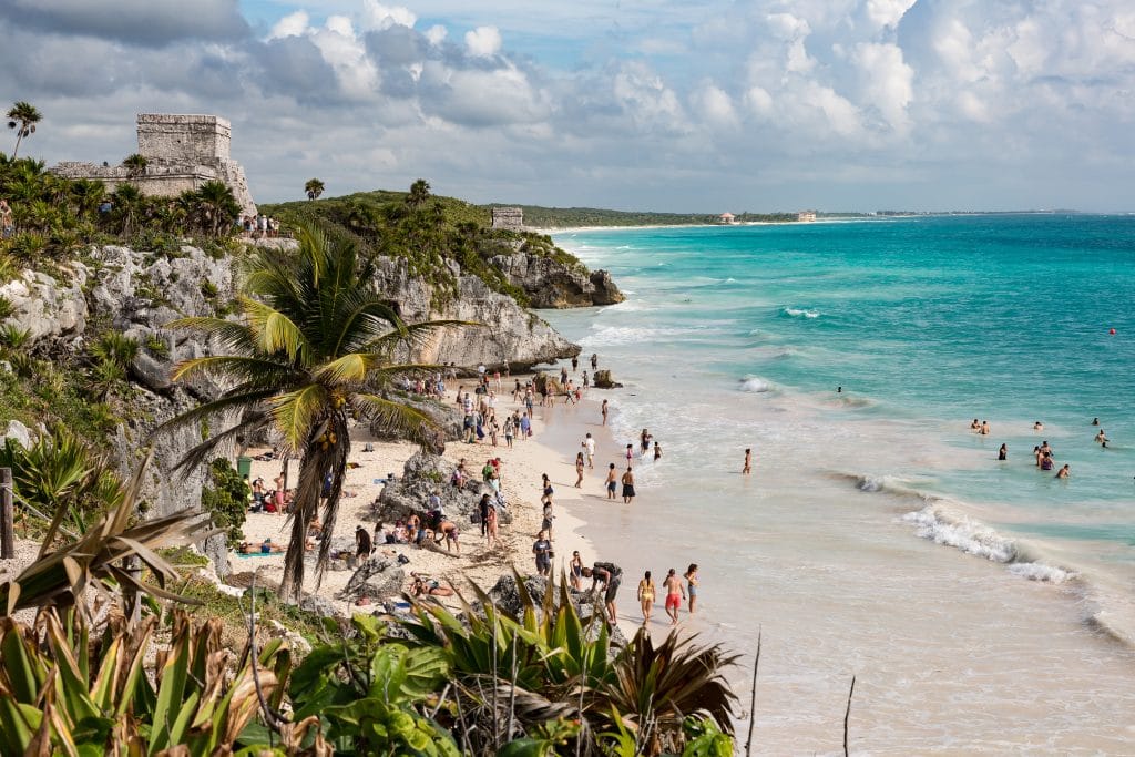 Tulum, Mexico - January 24, 2018: Playa Ruinas, a beach frequented by visitors to the Tulum archeological site