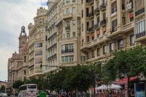 VALENCIA, SPAIN - MAY 18, 2017: These are the facades of the majestic buildings of the first half of the 20th century on the City Hall Square.