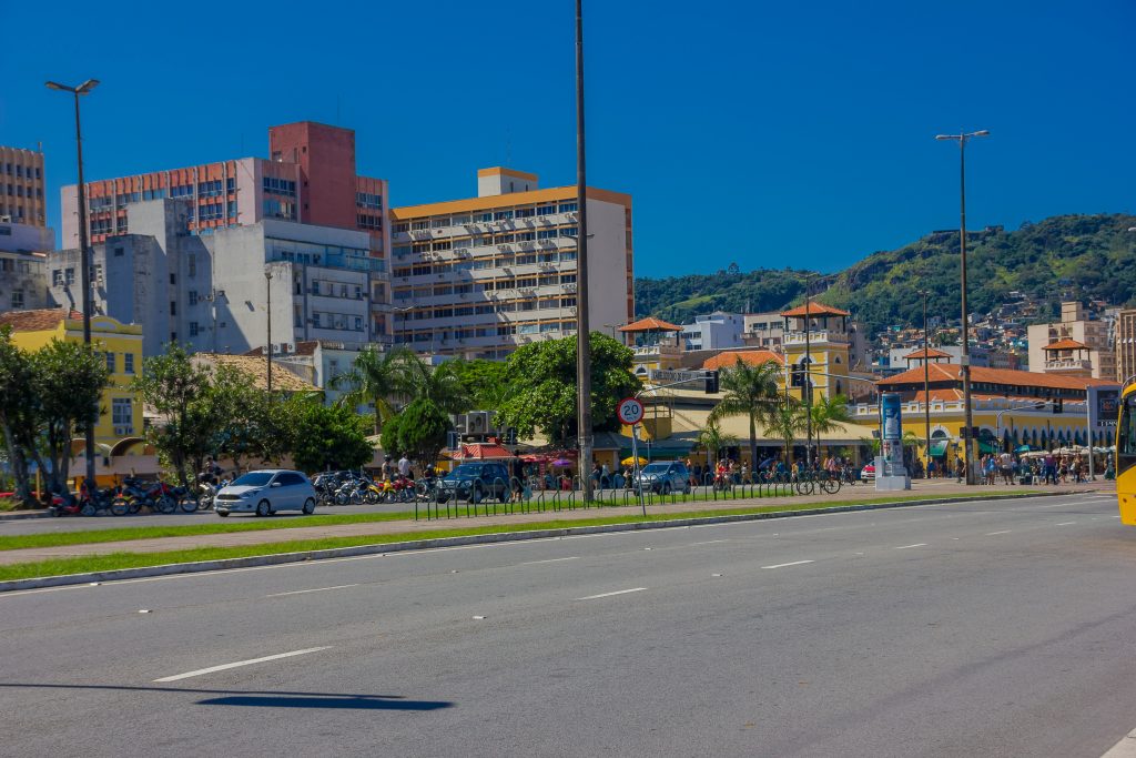 FLORIANOPOLIS, BRAZIL - MAY 08, 2016: nice view of the empty street with lot of pedestrians at the corner outside the market.