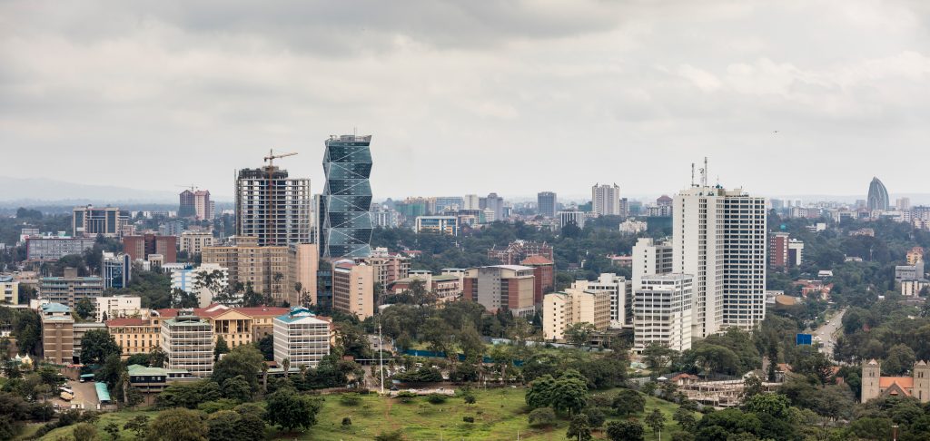 Aerial panorama of downtown Nairobi and the Kilimani area of Nairobi, Kenya.