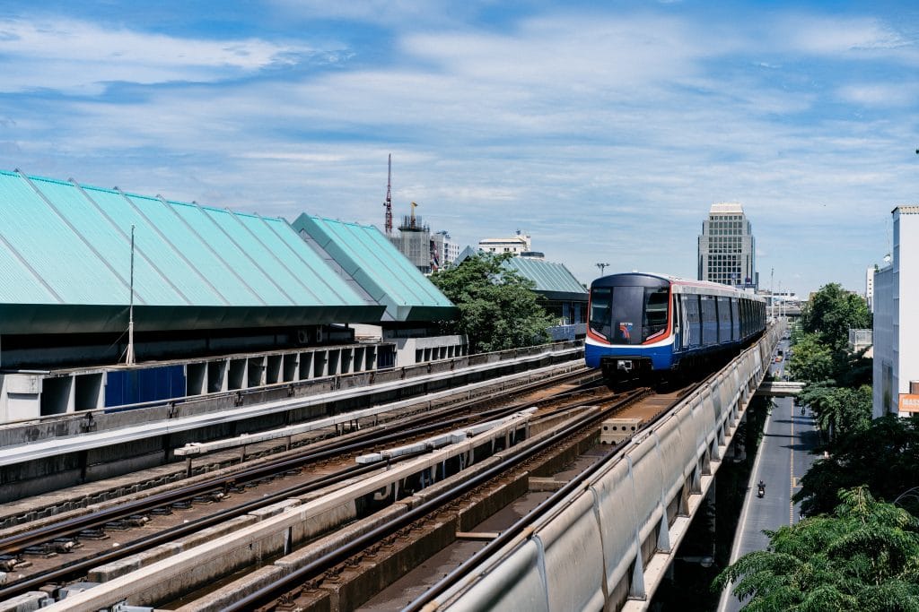 Bangkok, Thailand - 30 Jul 2020, The Bangkok (Mass) Transit System train drives on the rail at the platform in midday, Bangkok, Thailand.