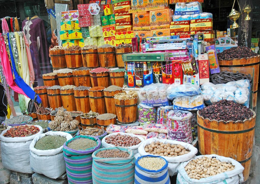 CAIRO, EGYPT - NOVEMBER 3, 2008: Typical outdoor Egyptian market. Food staples and goods are displayed in an open air atmosphere in Egypts capital city of Cairo.