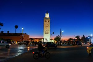 Marrakech. Morocco - December 20 2017: View of Koutoubia Mosque at night. It is the largest mosque in Marrakesh
