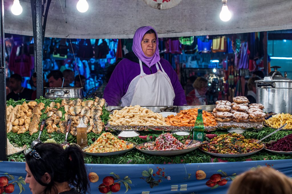 Marrakesh, Morocco - Oct 22, 2019: Jemaa el Fna market square in Marrakesh, Morocco, north Africa. Jemaa el-Fnaa, is a famous square and market place in Marrakesh's medina