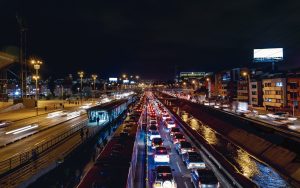 Night aerial photo of NQS Avenue in the city of Bogota Colombia with heavy traffic