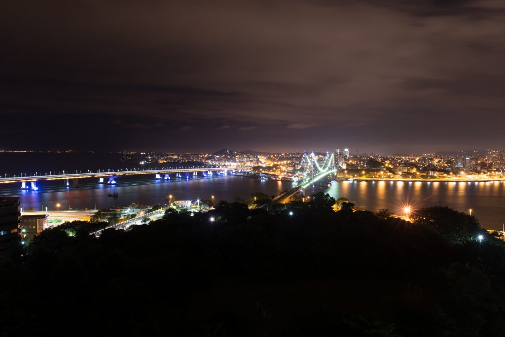 The Hercilio Luz Bridge at night in Florianopolis Santa Catarina - Brazil.