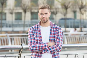 Confident in his choice. casual dressed person relax in city outdoor