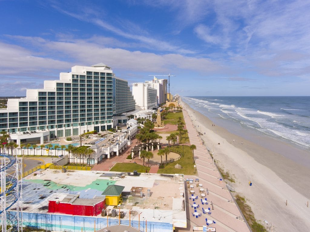 Daytona Beach Hilton and oceanfront aerial view in a cloudy day, Daytona Beach, Florida FL, USA.