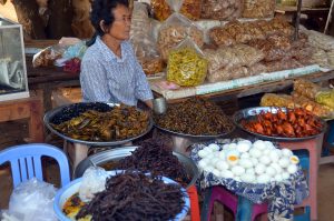 People sale fried bugs, spiders, crickets and little birds