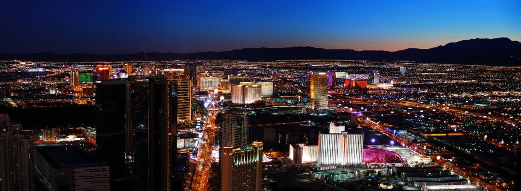LAS VEGAS - MAR 4: Vegas Strip night aerial panorama, featured w