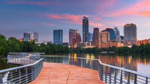 Austin, Texas, USA downtown skyline over the Colorado River at d