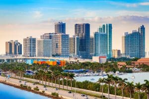 Miami, Florida, USA downtown skyline over MacAurther Causeway in