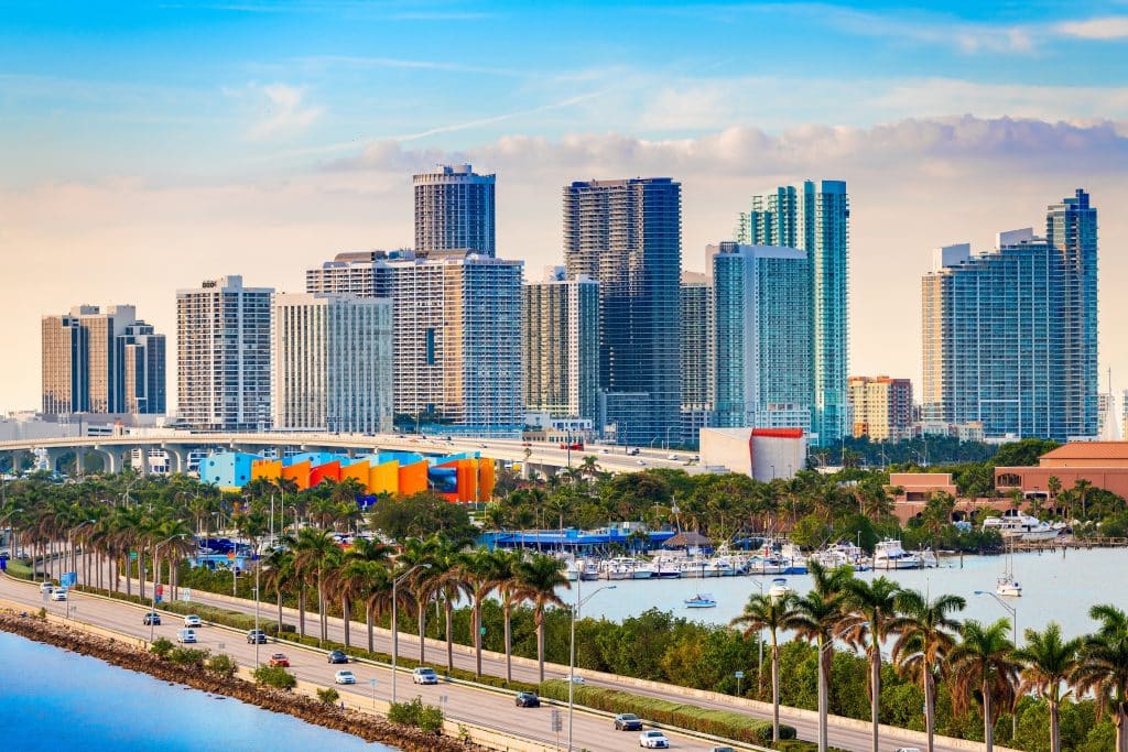 Miami, Florida, USA downtown skyline over MacAurther Causeway