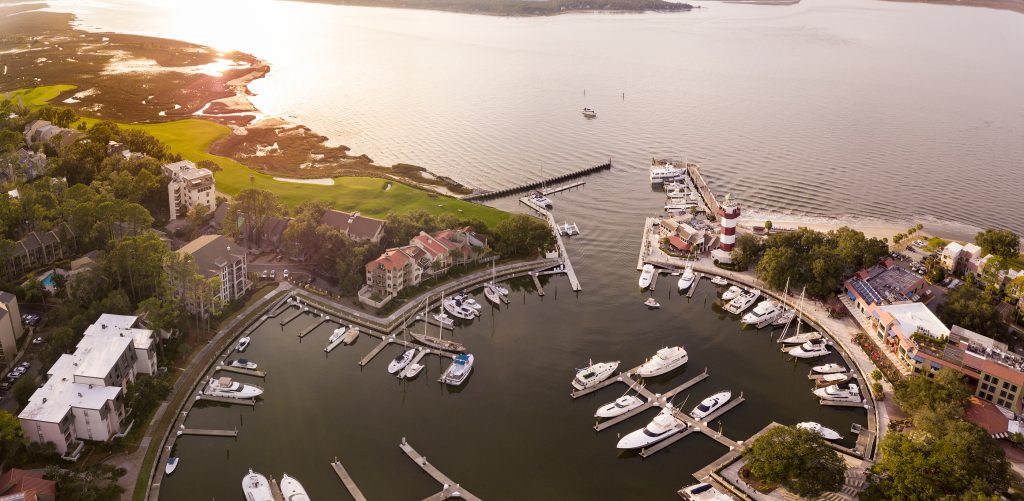 Aerial view of Harbour Town, Hilton Head, South Carolina, lighthouse and marina.