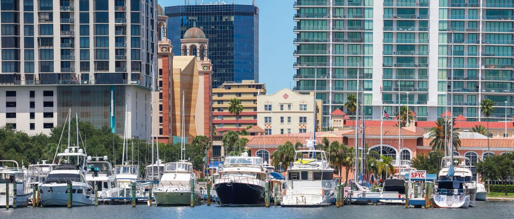 June 22. 2020. Panoramic view of the St. Petersburg municipal Marina in Downtown St. Petersburg, Florida, USA.