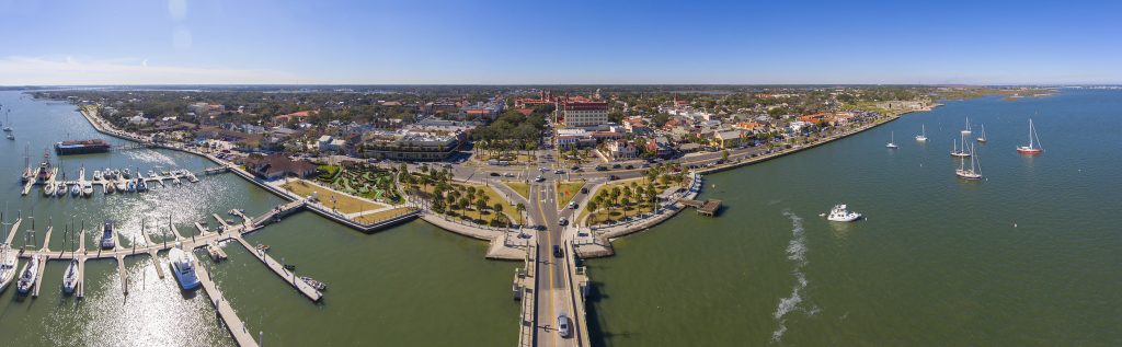 St. Augustine city aerial view including Plaza de la Constitucion, Cathedral Basilica of St. Augustine and Governor House panorama, St. Augustine, Florida, USA.