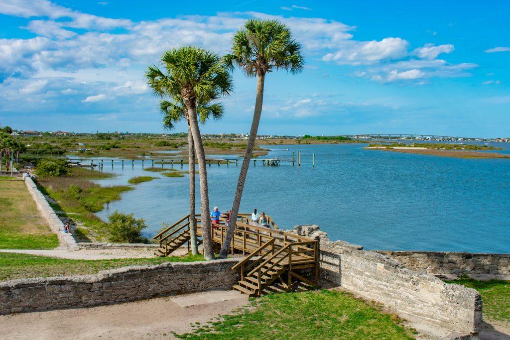 St. Augustine, Florida. March 31, 2019. Panoramic view of palm trees and Matanzas Bay from Castillo de San Marcos fort in Floridas Historic Coast (1)