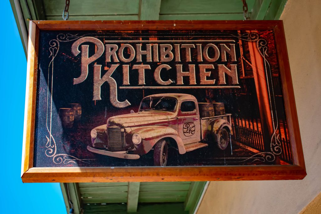 St. Augustine, Florida. March 31 , 2019 . Vintage Prohibition Kitchen sign in Floridas Historic Coast.
