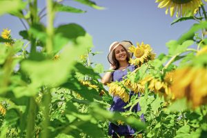Carefree Girl Surrounded Sunflowers Enjoying Her Life, Harvest F
