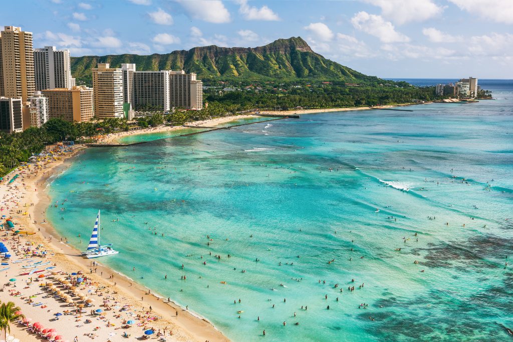 Diamond Head mountain peak at sunset, Oahu island