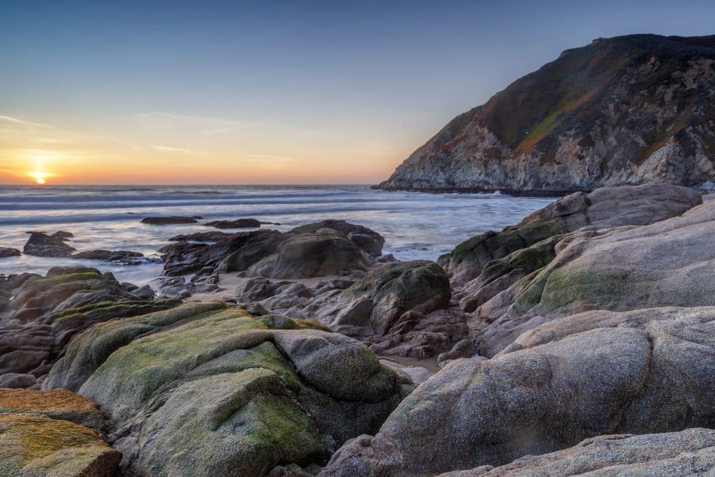 Winter Sunset Over Gray Whale Cove State Beach. Half Moon Bay, S