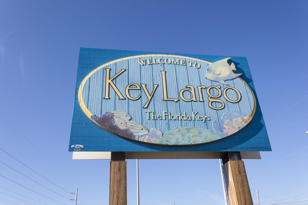 Key Largo Fl USA - March 16 2017: Welcome to Key Largo sign at the highway number one in Florida United States