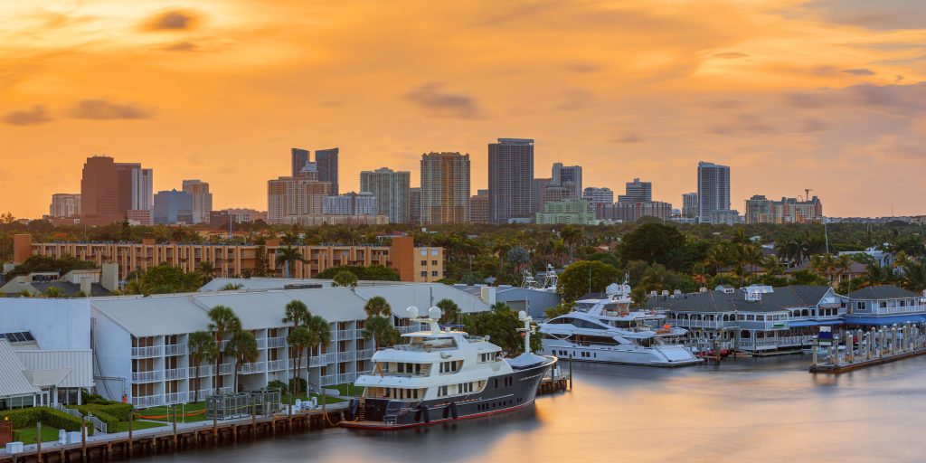 Ft. Lauderdale, Florida, USA downtown cityscape at dusk.